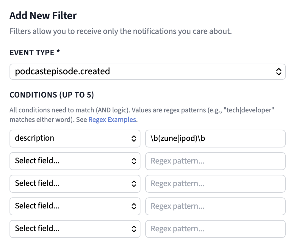 Webhook filter regex example