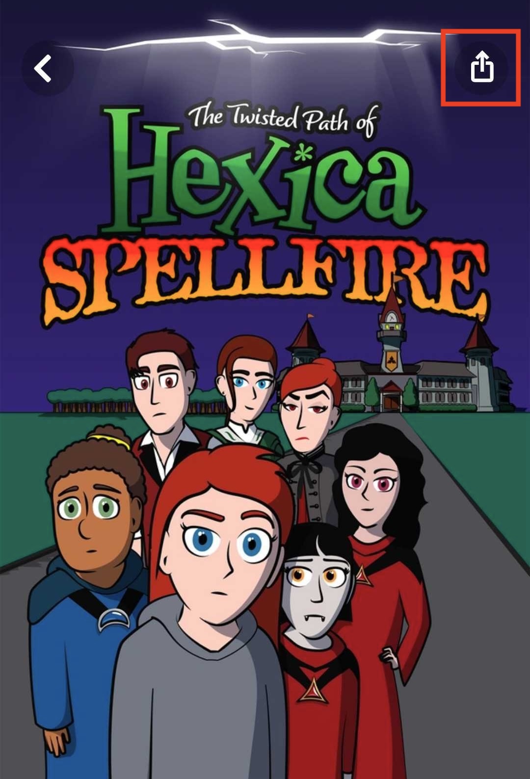 Screenshot showing the Share icon on your comic's screen in the app